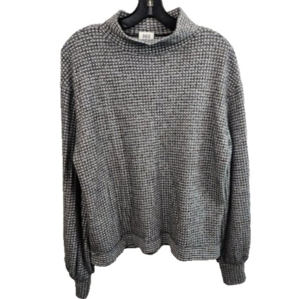 BKE The Buckle BOHO Top Womens Medium Black‎ White Thermal Long Sleeve Mock Neck